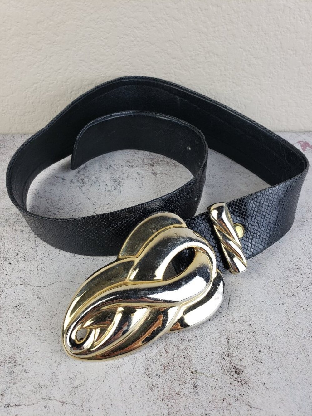 Vintage Salena’s Collection Belt Embossed Leather Black Art Deco Gold Buckle